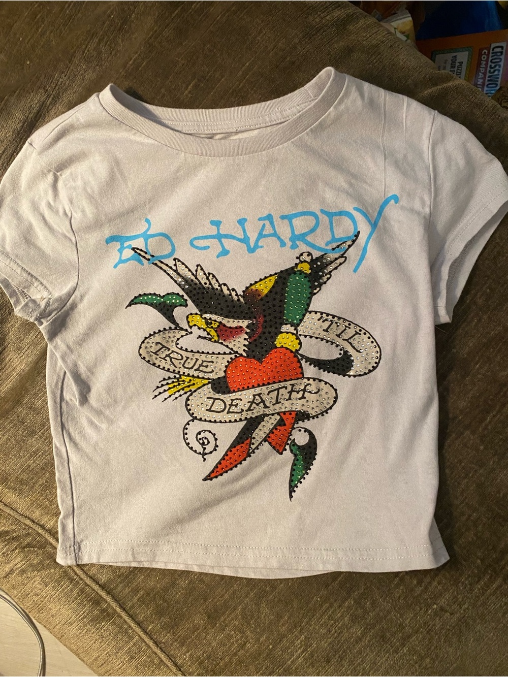 Ed Hardy White Crop Top with Tattoo Heart & Swallow Graphic